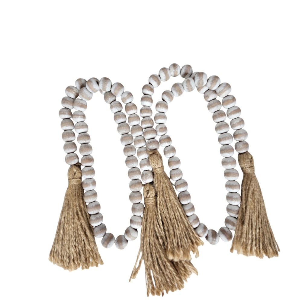 Set of 2 Distressed Wood Bead Garlands with Jute‎ Tassels White Farmhouse Decor